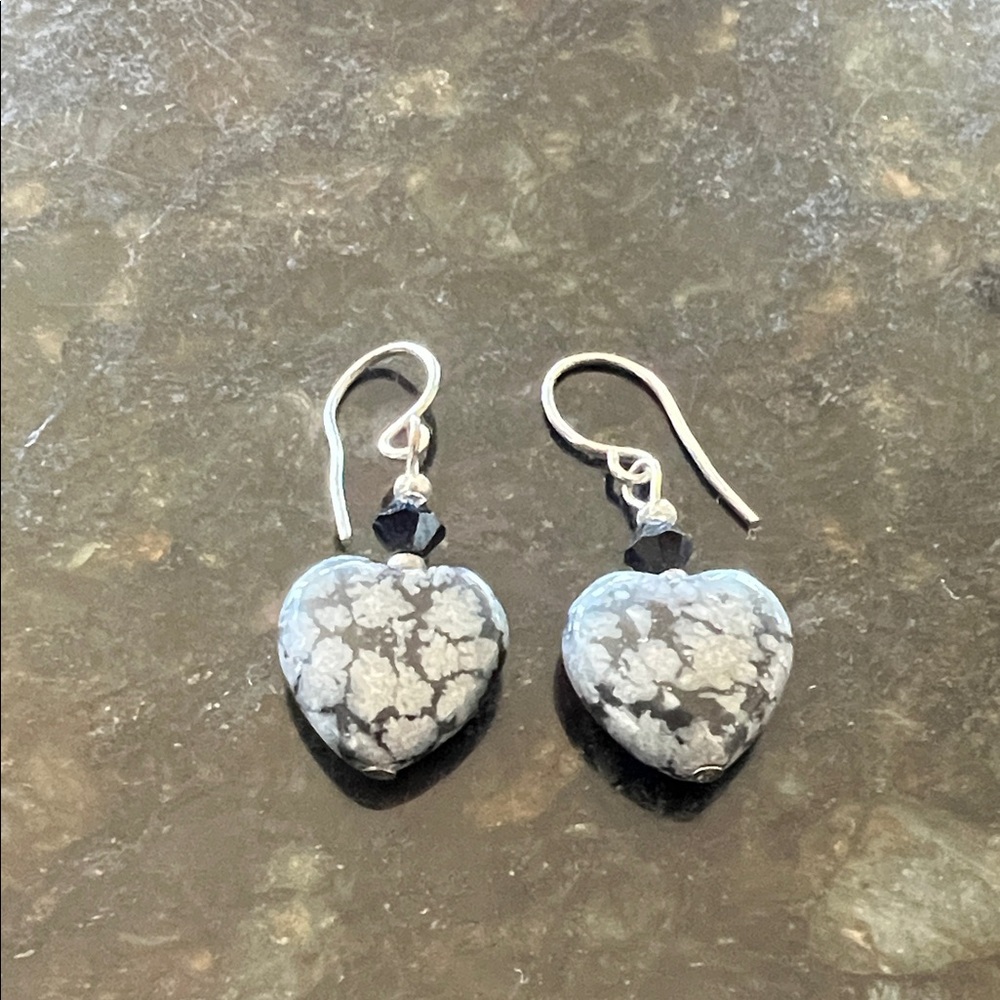 Heart-Shaped Snowflake Obsidian Black and Gray Earrings
